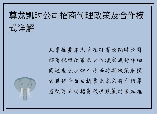 尊龙凯时公司招商代理政策及合作模式详解